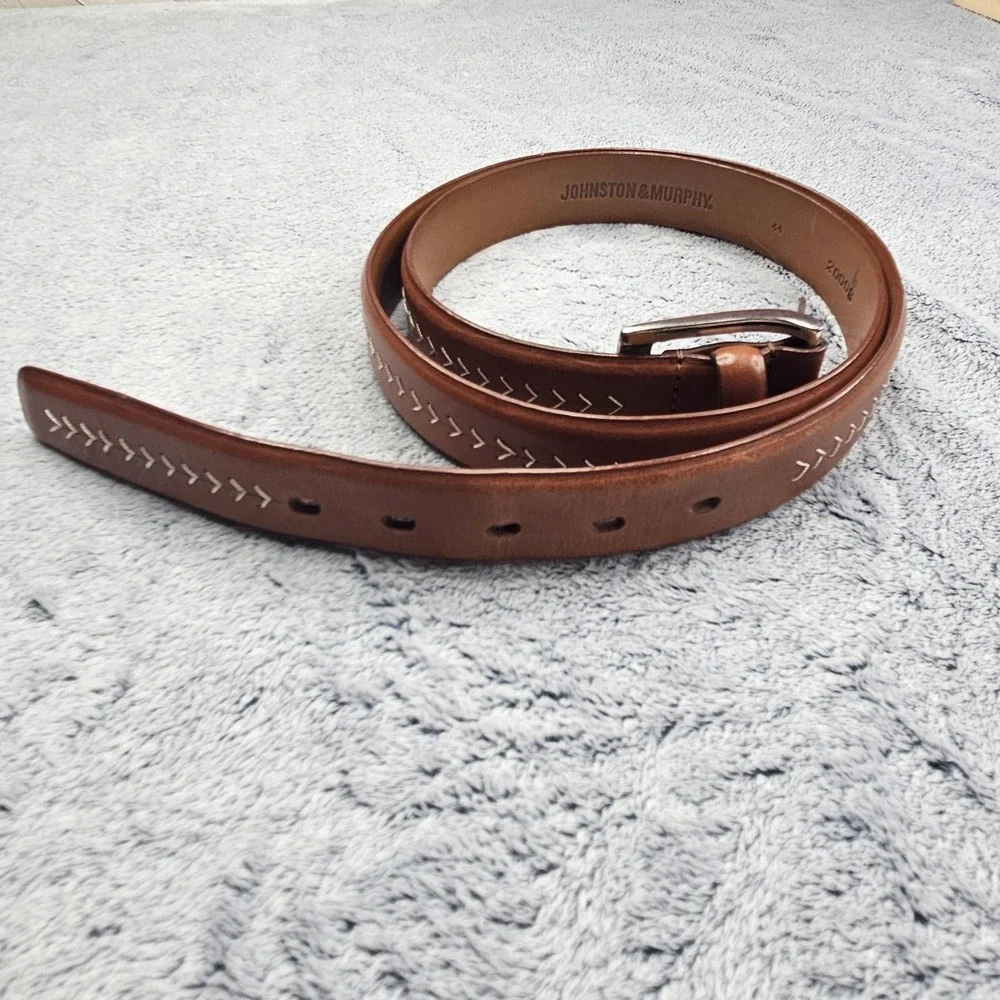 Johnston Murphy Belt Mens Size 44 Brown Leather White Stitch Silver Buckle Dress